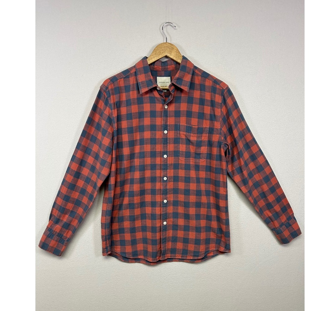Lumberjack American Eagle Mens Medium Red Navy Plaid Slim Fit Button Down Shirt